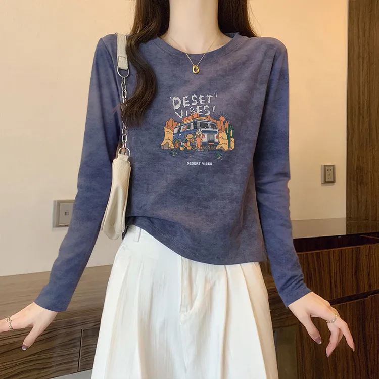 新款美式扎染设计感小众洋气纯棉正肩洋气打底衫上衣长袖t恤女潮