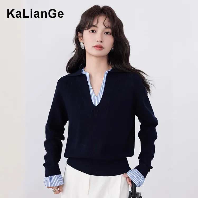 卡莲格/假两件条纹V领长袖针织衫MM女秋季款毛衣百搭减龄显瘦上衣