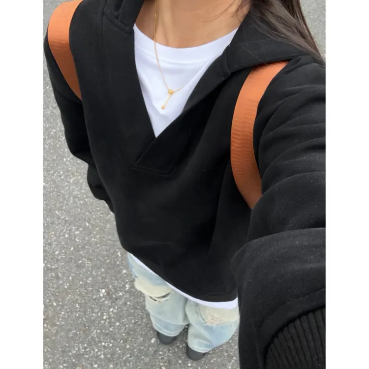 美式假两件v领连帽卫衣男款秋季oversize外套高级感潮牌情侣上衣