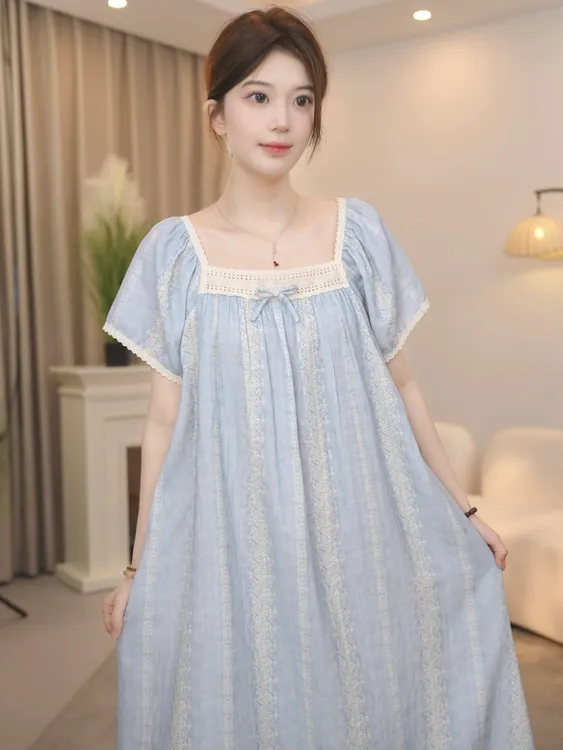板栗小姐【潮溪】中长裙短袖方领夏季透气印花睡裙公主风法式丁达尔