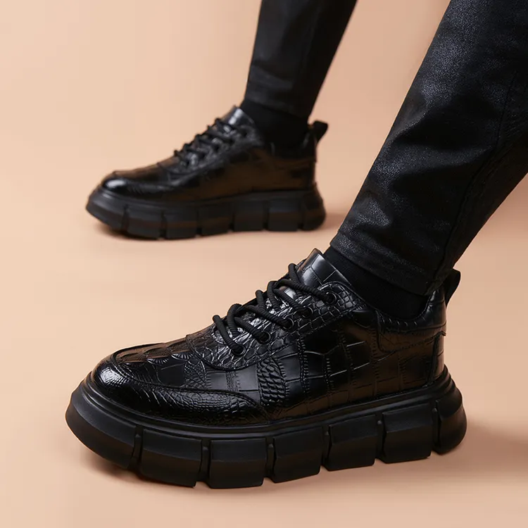 休闲男士新款皮鞋潮流时尚百搭鳄鱼纹英伦风商务正装厚底增高男鞋