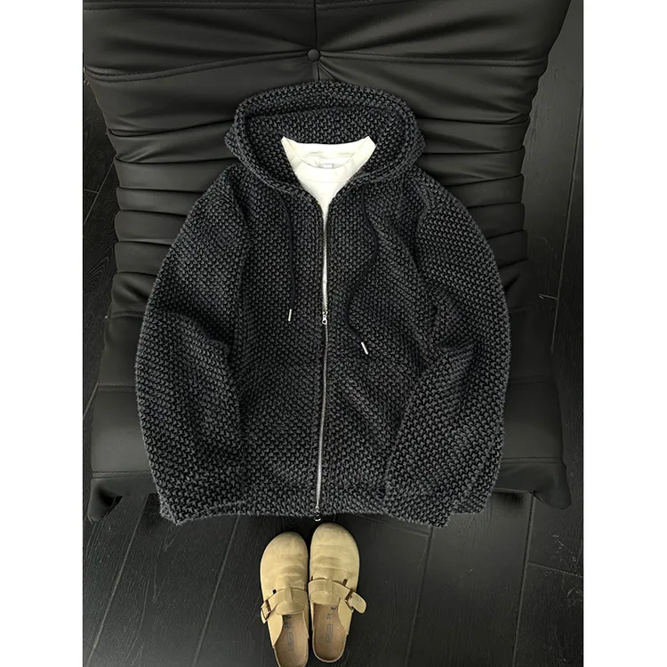 黑色针织卫衣男款秋冬宽松重磅大帽子连帽衫高级感休闲情侣装外套