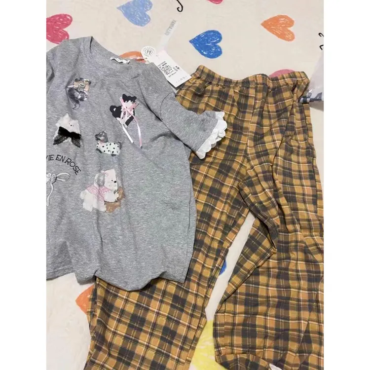 卡通家居服女夏季短袖薄款甜美花边卡通狗格子裤睡衣女带胸垫套装
