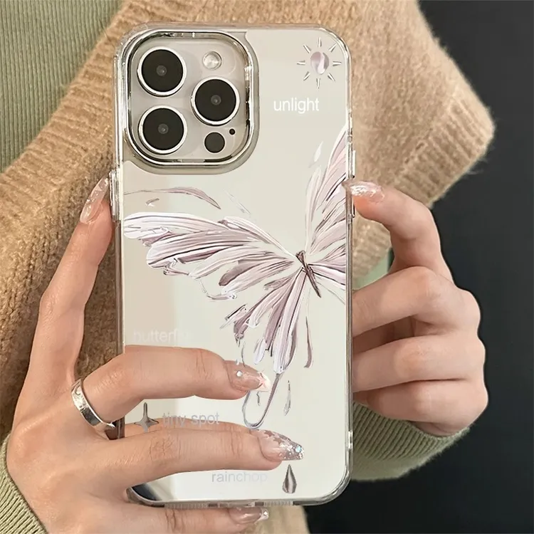 镜面粉色蝴蝶适用苹果16手机壳16pro卡通可爱小众个性电17promax