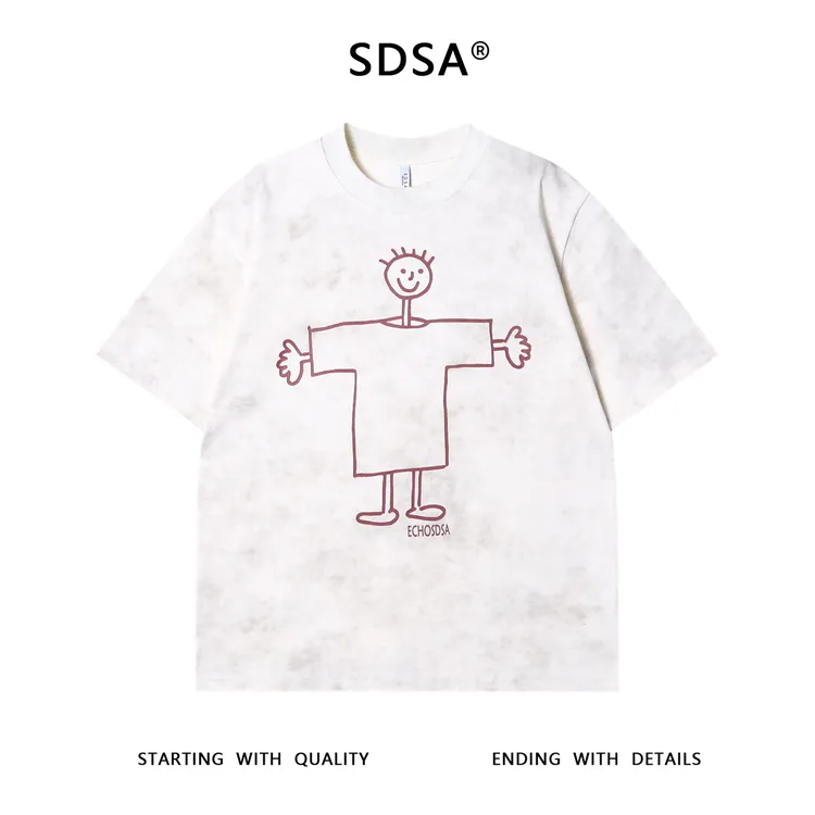 夏季高级感新款男士扎染线条小人印花圆领短袖T恤百搭宽松上衣