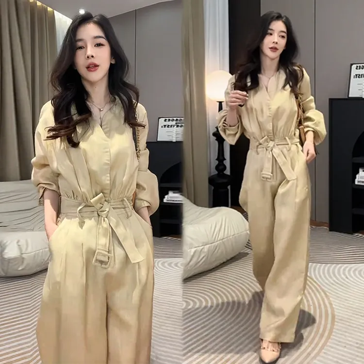 洋气衣服女新款时尚亚麻连体衣裤女神范领收腰气质显瘦阔腿裤