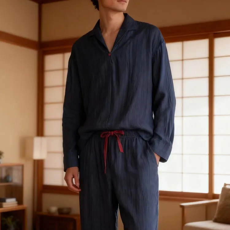 秋季纯棉家居服男士日式休闲睡衣套装居家必备舒适长袖长裤套装