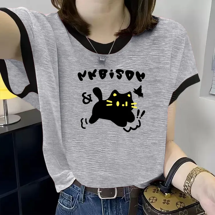 清仓捡漏100%竹节棉短袖T恤纯棉夏新款宽松显瘦遮肚撞色印花上衣