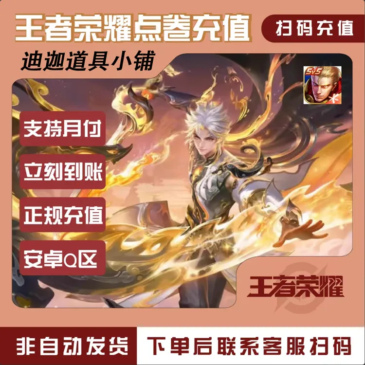 【支持月付】王者荣耀点券充值安卓免密代充扫码上号秒到帐涨贵族