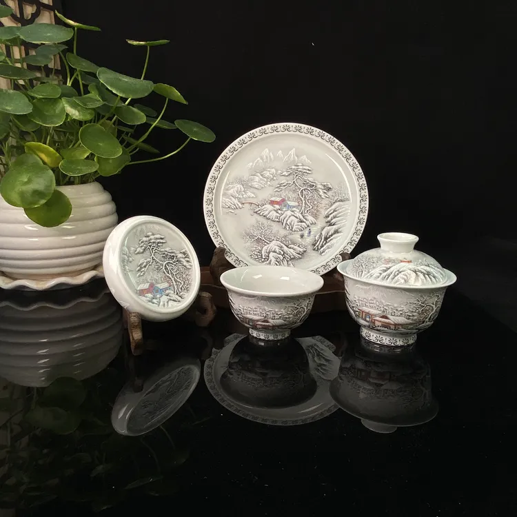 重工墨彩手工堆白踏雪寻梅高奢雪景家用茶具中式茶杯高档主人杯