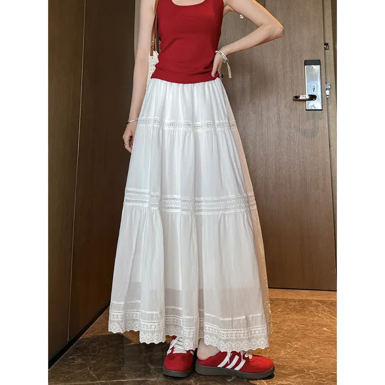 白色半身裙女夏季a字温柔风蕾丝蛋糕法式蕾丝拼接钩花大摆长裙子
