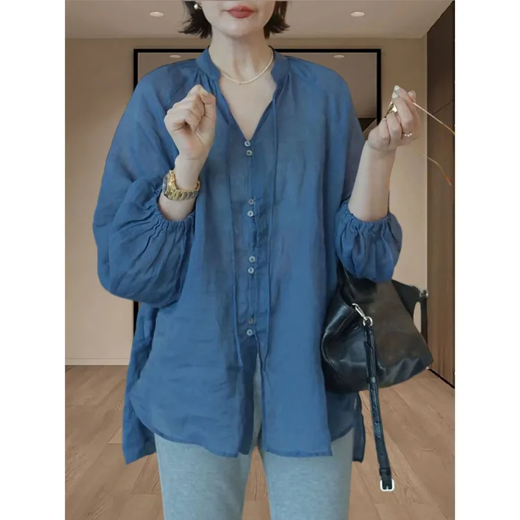 夏季V领纽扣设计感花苞袖防晒衬衫女2025年新款宽松大码薄款衬衣