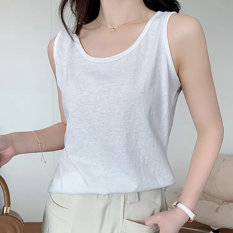 通勤女欧美风休闲风百搭极简风背心吊带纯色无袖白色圆领简约夏季