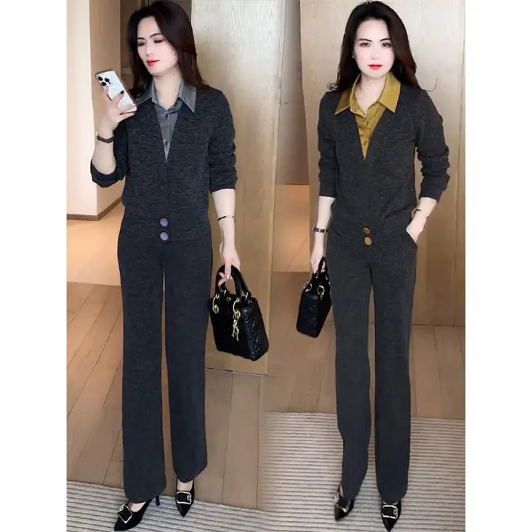 时尚休闲套装女2025春季洋气显瘦拼接假两件长袖上衣阔腿裤两件套