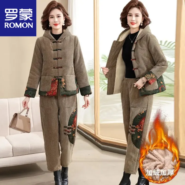 罗蒙中老年女装冬装套装加绒加厚妈妈冬季外套休闲两件套棉衣棉服