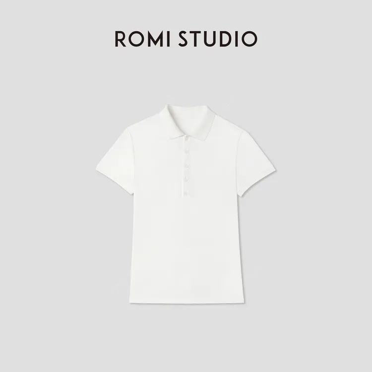 ROMI STUDIO“Clean fit”强捻长绒棉白色Polo领短袖T恤 RWCRSG2835