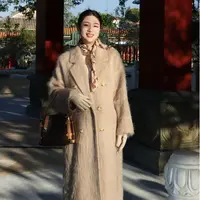 多肉拉毛羊毛大衣女中长款西装领温柔高端长毛羊毛呢外套1125701Z