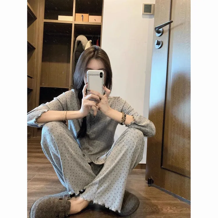 韩版甜美少女碎花圆领开衫女夏季2025新款休闲大码家居服套装