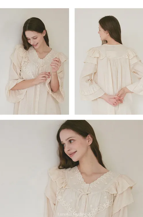 lunaluz韩国品牌睡衣家居服米色棉麻款秋季蕾丝花边可爱睡衣08431