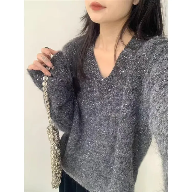 【轻奢满天星亮片】时尚气质款V领女上衣加厚显瘦慵懒风名媛高级感