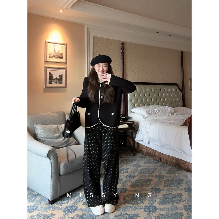 应小姐【波点裤】微胖大码显瘦设计感加绒修身百搭直筒高腰波点长裤