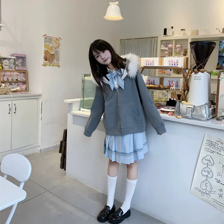 lulucake连帽开衫卫衣jk宽松日系学院风百搭可拆卸毛领多色外套女