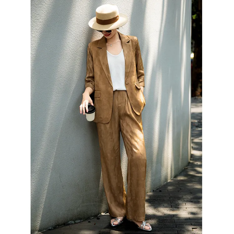 2025春夏高级感提花薄款七分袖西装阔腿裤套装休闲商务女总裁套装