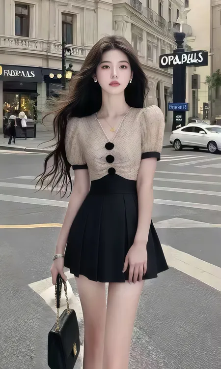 新款时尚休闲气质女装黑色领短袖收腰设计感连衣裙女轻奢高端短裙
