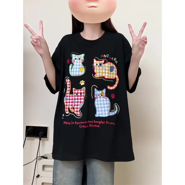 复古刺绣可爱猫咪纯棉短袖t恤女宽松夏季oversize甜酷学院风上衣
