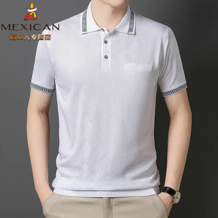 稻草人高品质洋气夏季男装高仿针织POLO衫提花冰凉滑T恤时尚百搭