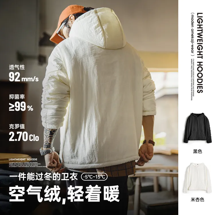 马登工装美式气绒套头口袋卫衣圆领连帽通勤加绒保暖廓形外套男冬