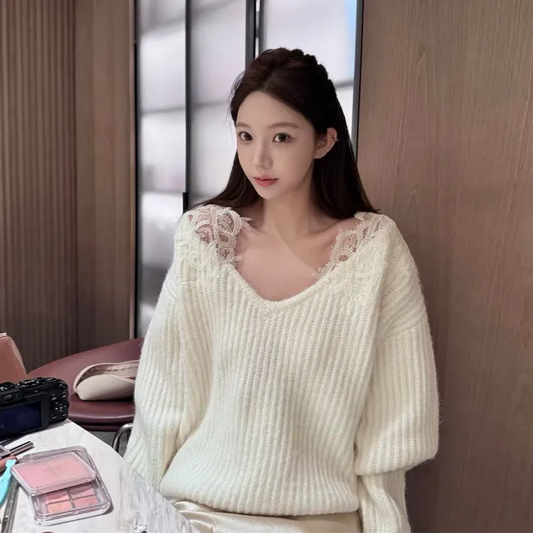 慎婕同款CNLEEWEI 宽松V领蕾丝拼接针织衫毛衣2026春夏新款leewei