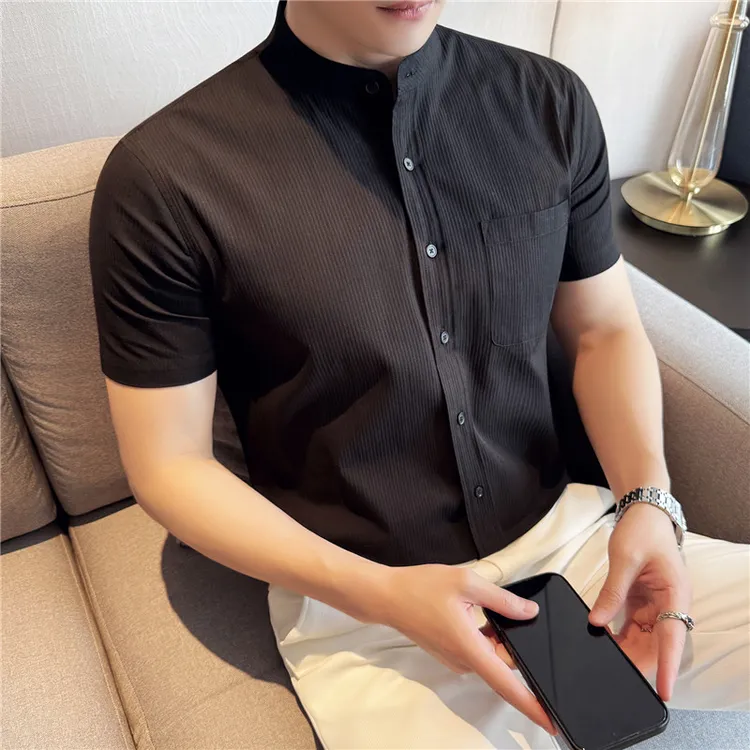 男士全棉立领暗条纹衬衣休闲口袋装饰新中式府绸短袖衬衫黑色白色
