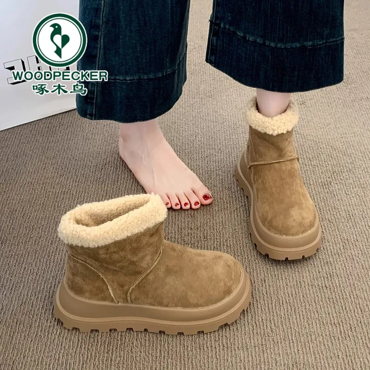 啄木鸟厚底增高雪地靴女款2025新款秋冬加绒外穿保暖面包勃肯棉鞋