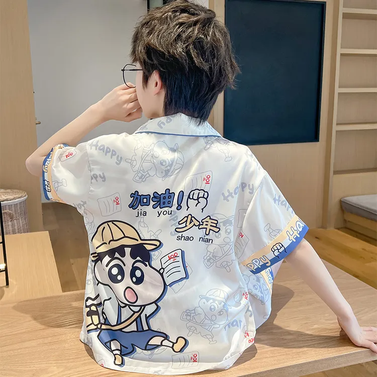 蜡笔小新男童睡衣冰丝夏季短袖薄款青少年夏天空调服儿童家居服夏