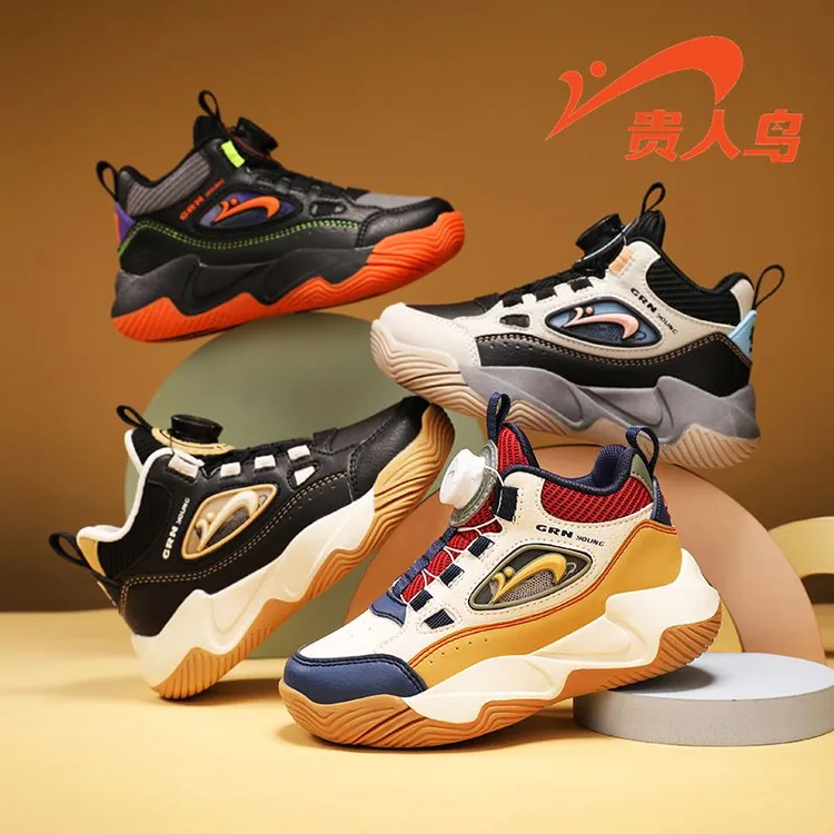 贵人鸟儿童鞋2025秋冬新款皮面防水中高帮加绒保暖棉鞋防滑运动鞋