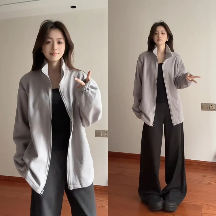 双面摇粒绒卫衣男秋冬款百搭高级感外套内搭保暖美式cleanfit夹克