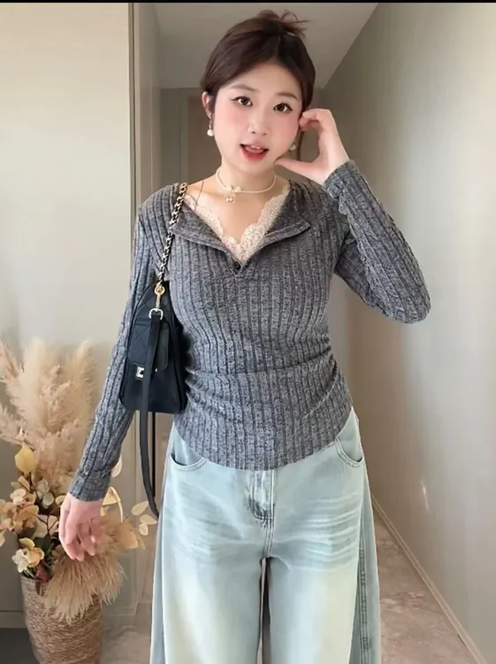 大码胖mm宽松收腰打底ins蕾丝拼接纯欲风长袖百搭小衫