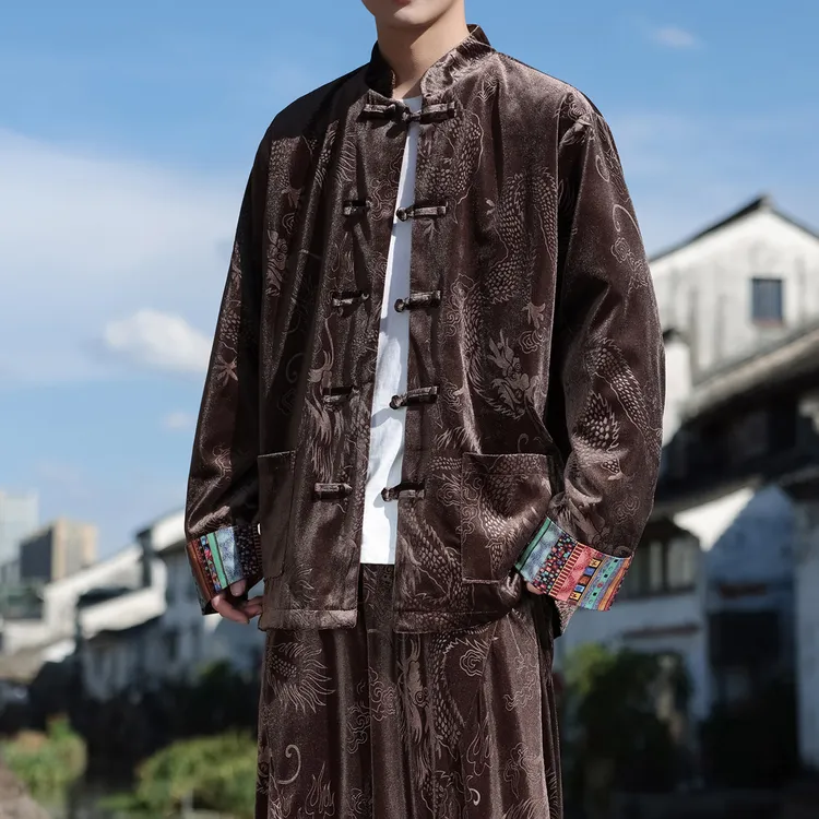 中国风龙纹提花唐装外套男士高级感金丝绒夹克复古民族风宽松汉服