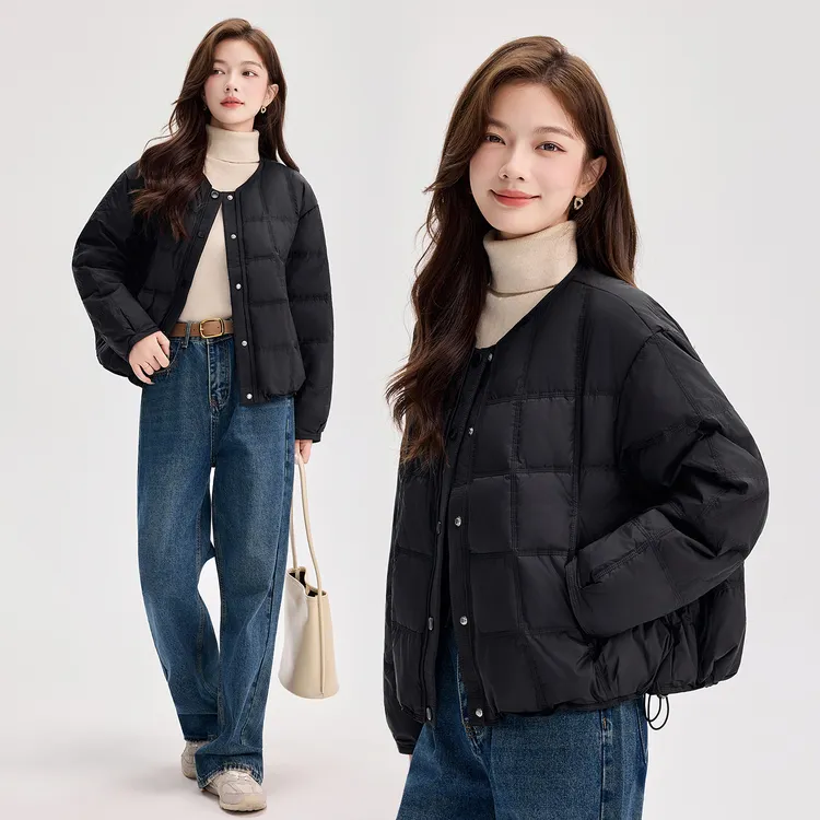 90白鸭绒韩系超轻圆领羽绒服女2025冬季短款方格保暖面包服外套