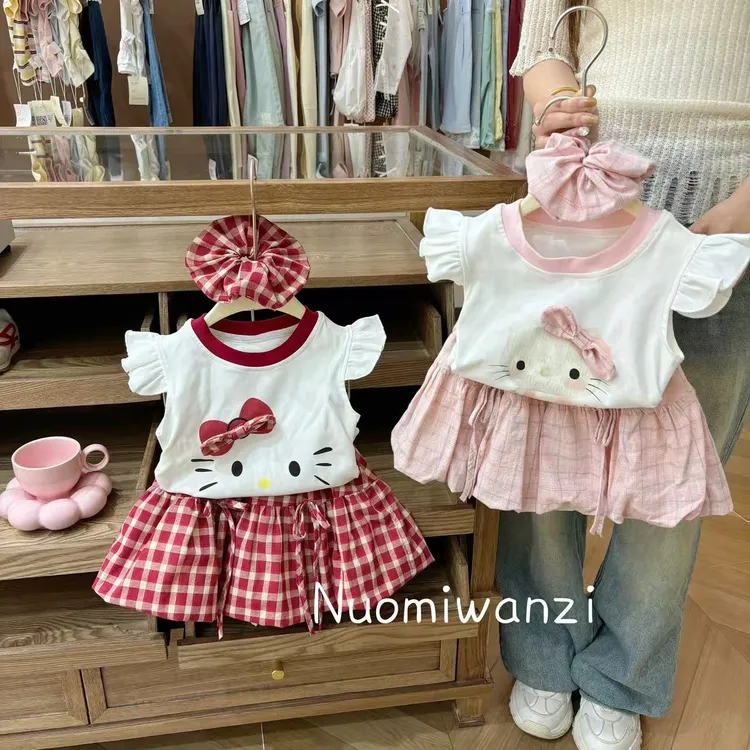 丸子十【小时光】韩系百搭可爱kt格子三件套套装（夏款）WZJ-52184