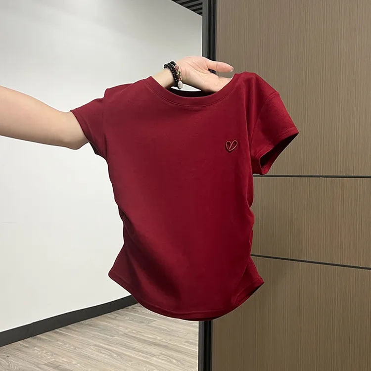 红色圆领短袖t恤夏季正肩褶皱收腰刺绣短款显瘦女士纯色上衣卡通