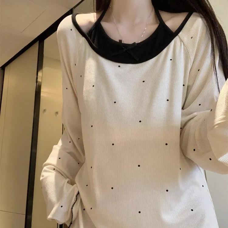 波点长袖胸垫睡裙春秋女款针织棉睡衣2025新款纯欲风家居服连衣裙