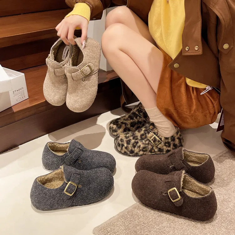 3cm复古圆头毛毡加绒勃肯鞋女加绒秋冬季一脚蹬保暖棉鞋毛呢博肯