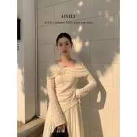 L-15757#纯欲氛围感方领一字肩提花蕾丝衫长袖上衣