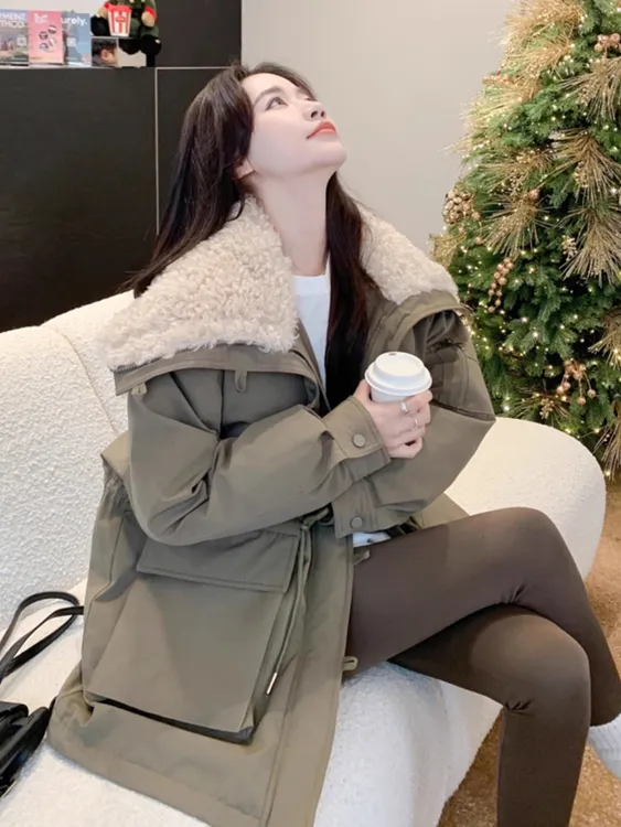 【露思同款】颗粒绒大翻领防寒工装派克服2025冬新款中长款加厚棉袄