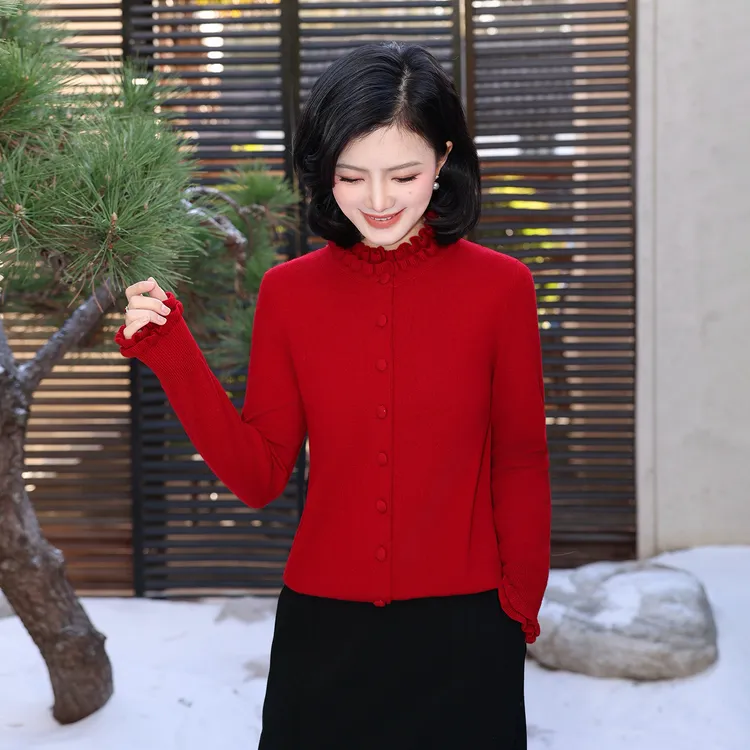 枫竺阿楠anan木耳边拼接立领长袖羊毛针织开衫女冬季百搭保暖毛衣