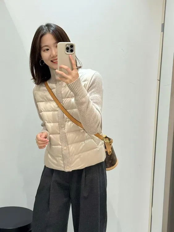 2025秋冬新款韩系简约立领拼接针织袖棉服外套百搭显瘦休闲裤套装