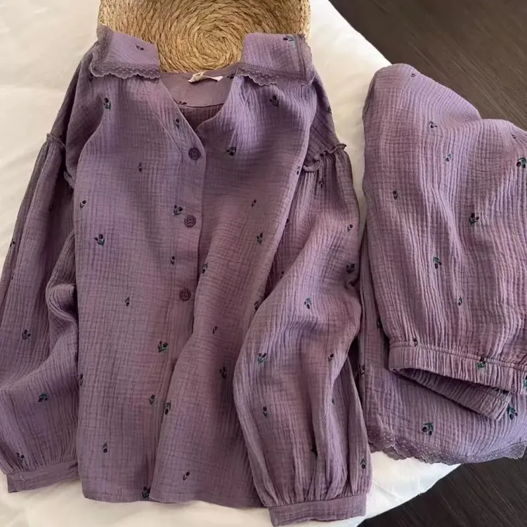 爆款韩版紫色碎花睡衣女2025春秋季新款薄款长袖套装家居服可外穿