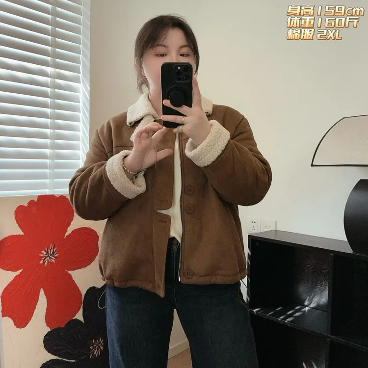 福福大码女装 冬季正肩小个子麂皮绒夹克棉服 韩系宽松显瘦外套